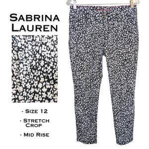 Sabrina Lauren Crop Ankle Pants 12 Black White Floral Mid-Rise Skinny Stretch